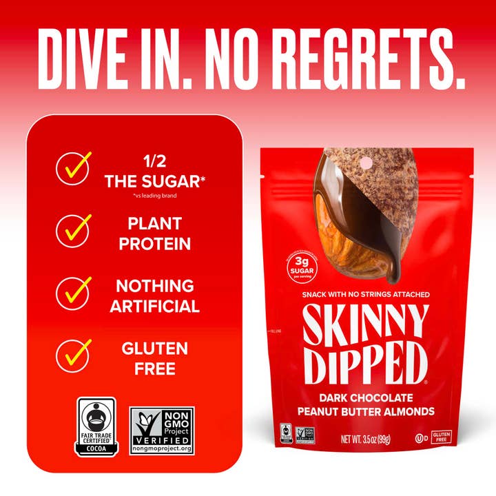 SkinnyDipped - Wholesale Chocolate Covered Sweets - Dark Chocolate Peanut Butter Almonds Pouch, 3.5oz3