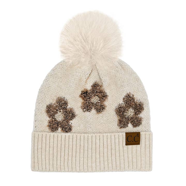 Fashion City - Wholesale Beanie - Women's - Daisy Patterned Cuff Beanie with Pom Pom