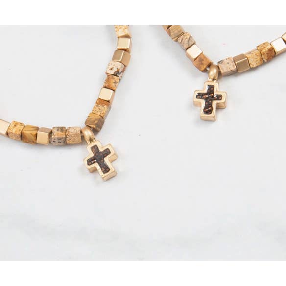 Mini Momo - Wholesale Pendant/Charm Necklace - Religious Charm Cross Necklace - Natural Stone Cubic Bead1