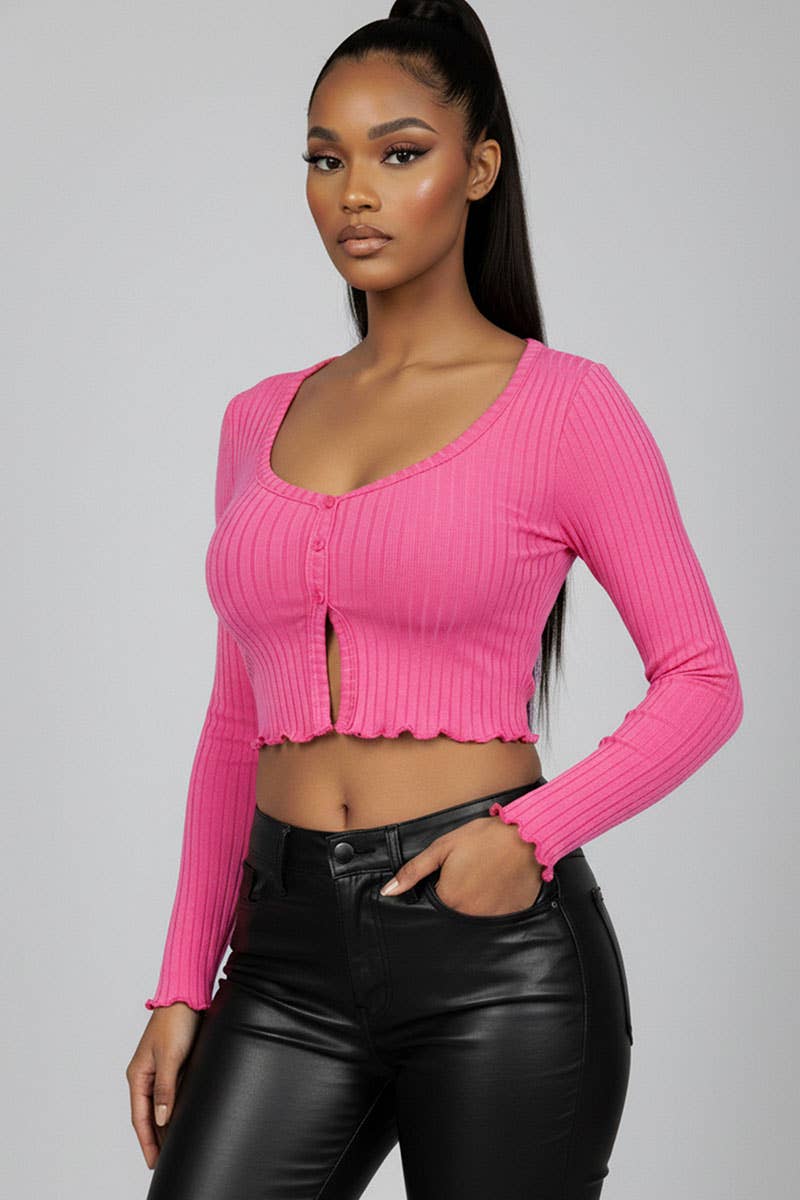 CAPELLA APPAREL - Wholesale Knit Top - Women's - Ribbed Button Front Split Long Sleeve Top0