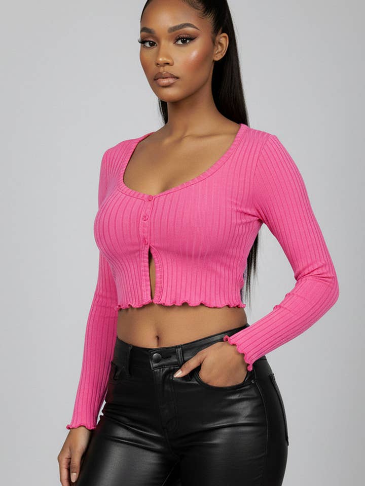 CAPELLA APPAREL - Wholesale Knit Top - Women's - Ribbed Button Front Split Long Sleeve Top