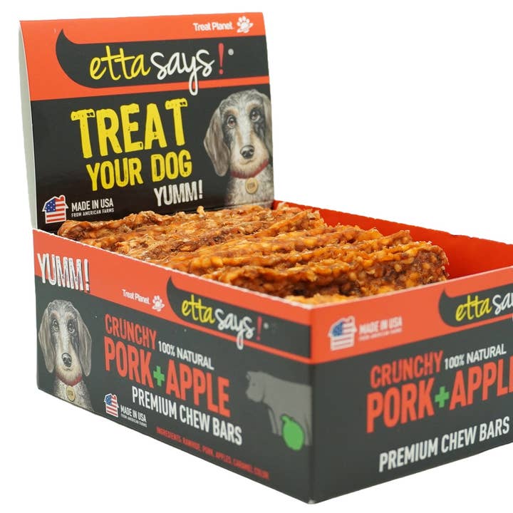 Etta Says! Premium Bars Pork & Apple Dog Chew POS Box 12ct for wholesale by Pet Palette Distribution