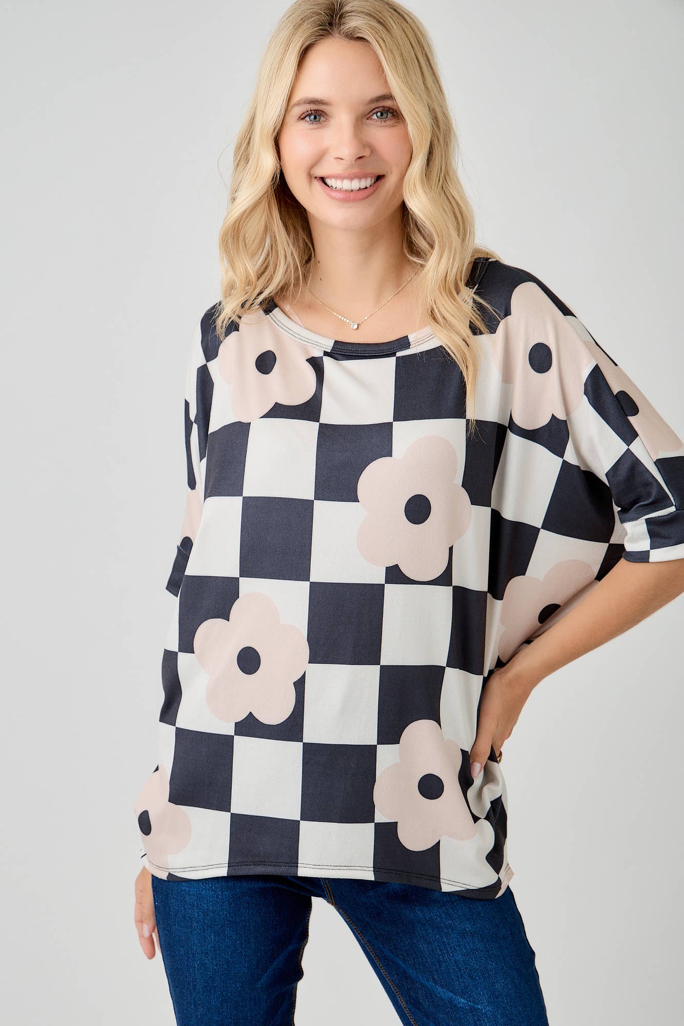 Celeste Clothing - Wholesale Tunic - Women's - WOMEN'S PLUS SIZE CHECKERED FLORAL TOP WITH HIGH-LOW HEM  
3