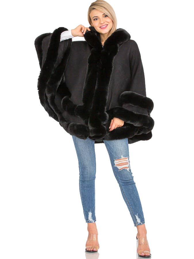Cap Zone - Wholesale Cape - Women's - Faux Fur Lined Hooded Open Silhouette Shawl Cape