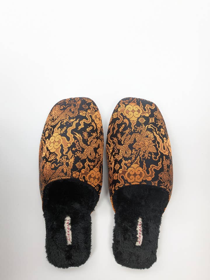 Unisex Embroidered Dragon Slippers β Faux Fur Lined for wholesale by Lian Collection