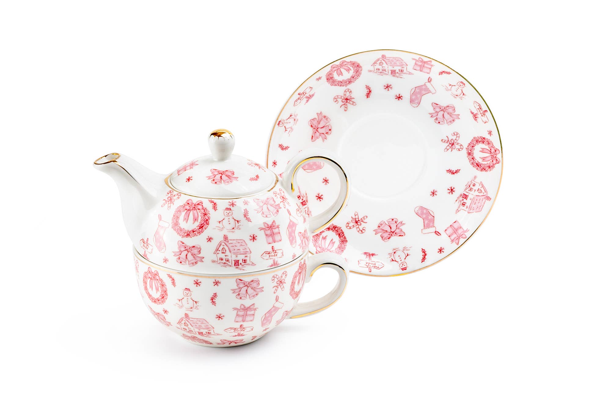 Grace Teaware - Wholesale Tea Set - Christmas Pink Bow Fine Porcelain Tea For One Set3