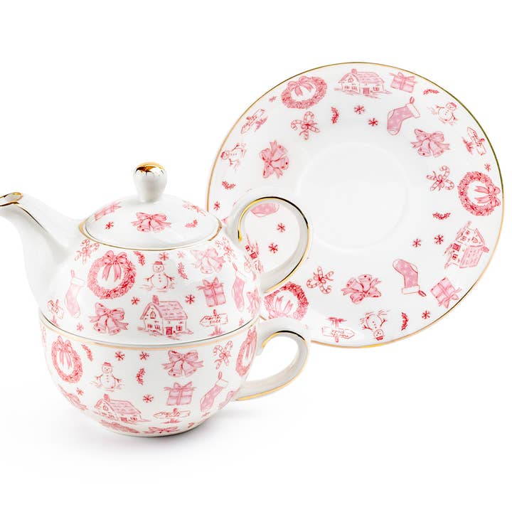 Grace Teaware - Wholesale Tea Set - Christmas Pink Bow Fine Porcelain Tea For One Set3
