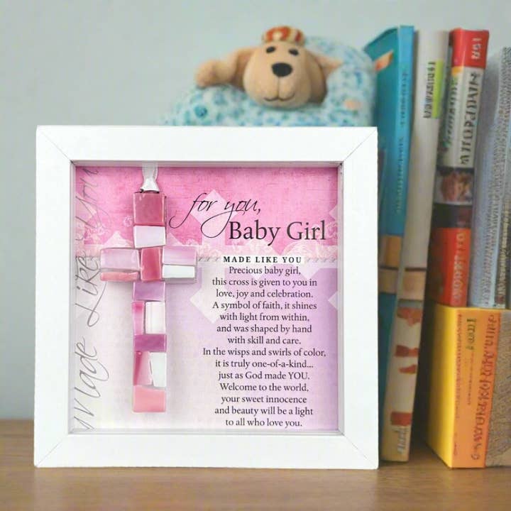 New Baby Girl Gift: USA Handmade Glass Cross Framed 4484-FR for wholesale by The Grandparent Gift Co. Inc.