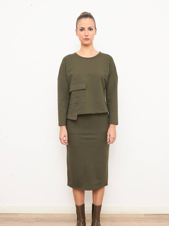 ASYMMETRICAL SWEATER WITH DARK GREEN POCKET for wholesale by Cottyfish