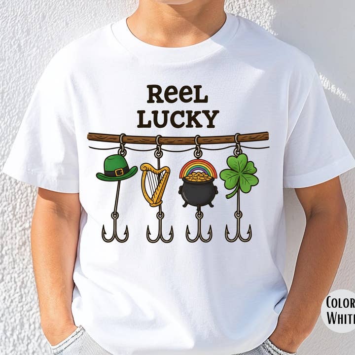 Comfort Colors Boys St Patricks Day Reel Lucky Kid Shirt for wholesale by Gemishi