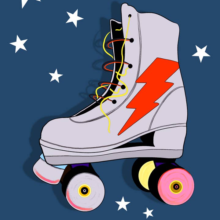 Impression artistique de patins à roulettes - Disponible en rose ou vert pour la vente par Lucie In The Sky