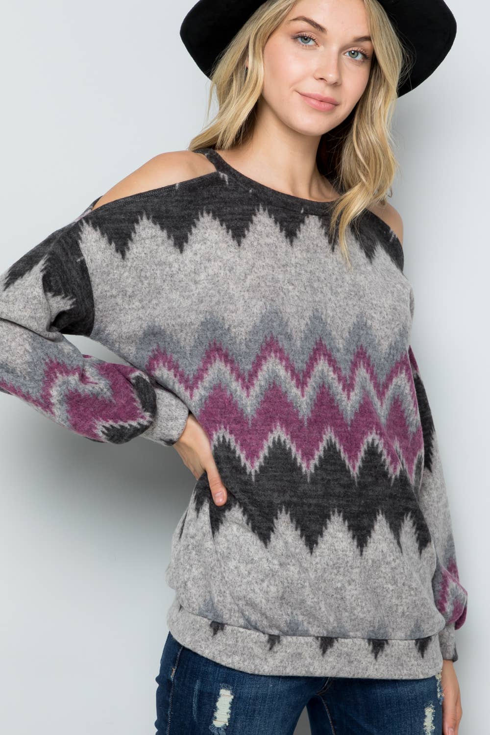 Charcoal Purple OPEN SHOULDER LONG SLEEVE TOP -CT43644E for wholesale on Faire3