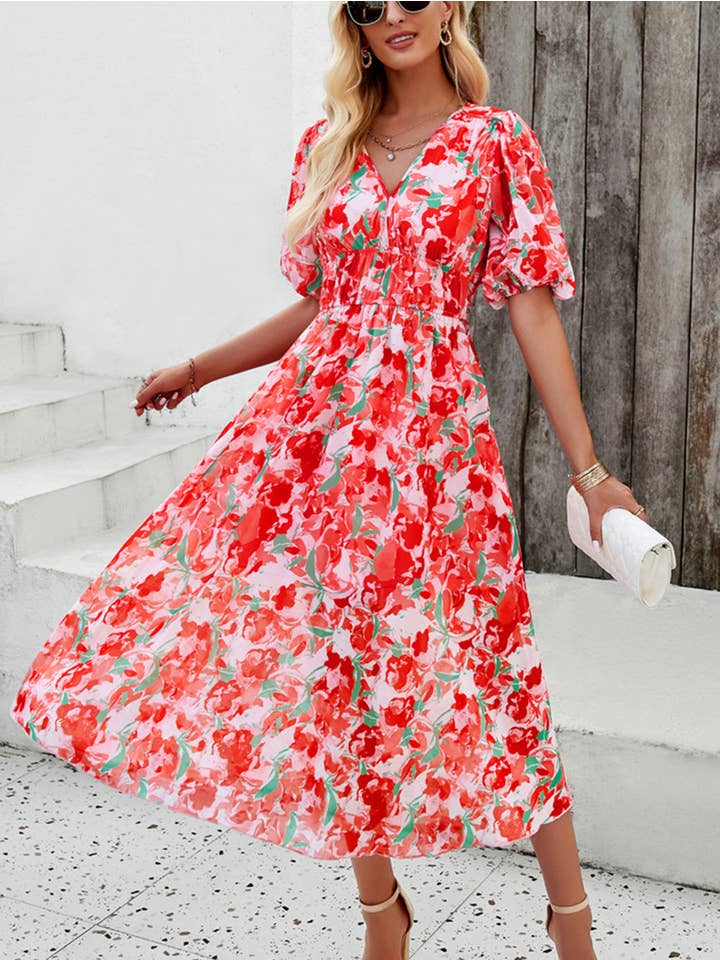 Wholesalesir - Wholesale Dress - Women's - Elegant printed waist V-neck long Dress