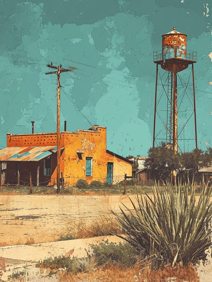 Impression artistique vintage sur une station-service Adobe du sud-ouest du Nouveau-Mexique, 8 x 10 pouces pour la vente par Mowbi