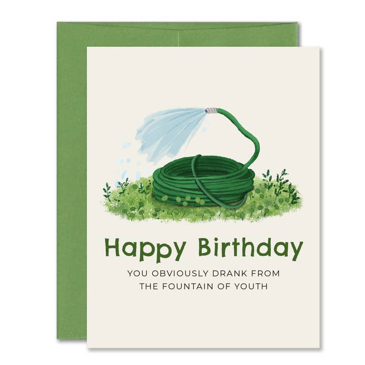 Fountain of Youth Garden Hose Birthday Greeting Card - Gen X for wholesale by Jones Street Press