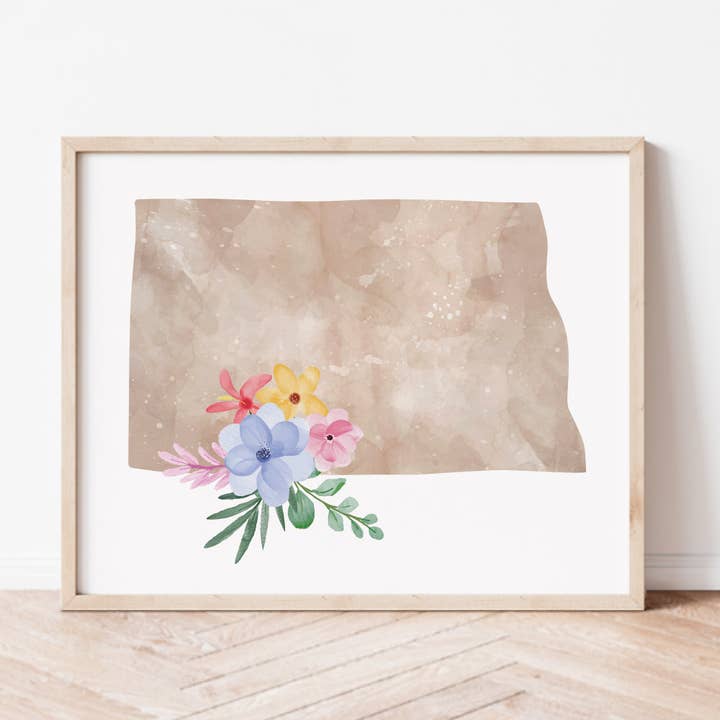North Dakota Floral Silhouette Art Print for wholesale by Backstory Map Co.