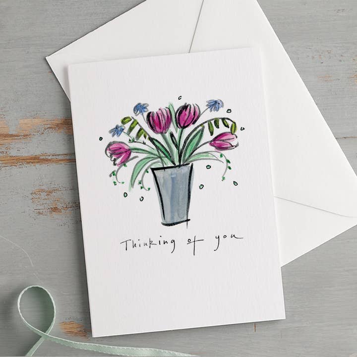 'Thinking Of You' Vase Of Tulips Sorry Card for wholesale by Gabrielle Solly Illustration