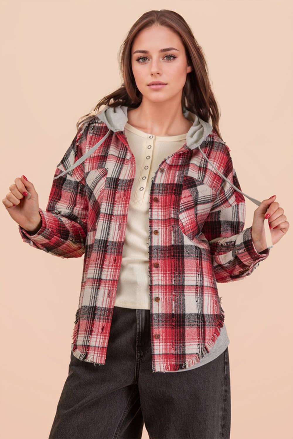 VERY J - Wholesale Jacket - Women's - NT12253-Oversized Flannel Hooded Button Down Jacket5