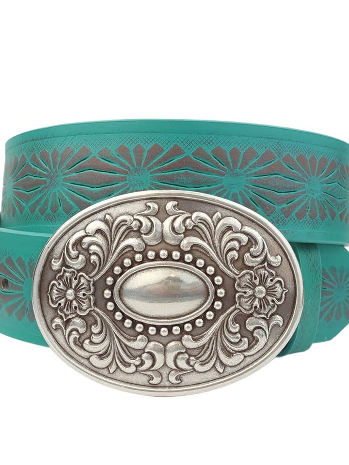 Westers handgeschilderde riem met bloemenbewerking en zilveren gesp voor wholesale door Axesoria West