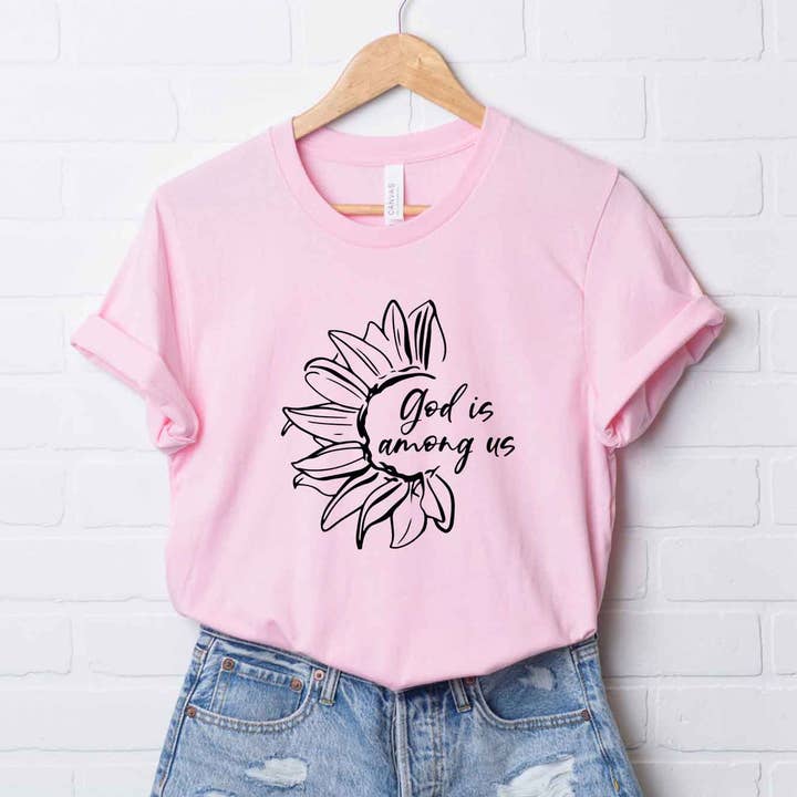 God Is Among Us Flower | Short Sleeve Graphic Tee | Faith for wholesale by Uplifting Threads Co Wholesale