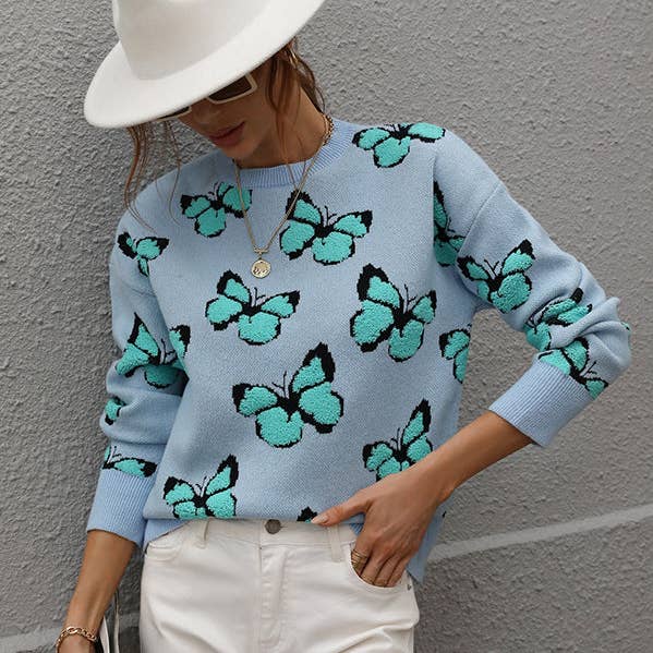 Original långa ärmar Lösa fjärilstryck Kontrastfärg Rundhalsade tröjor för wholesale av UZ Wholesale Store
