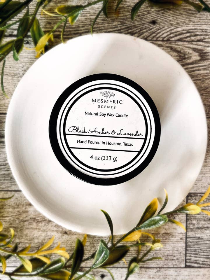Black Amber & Lavender - 4 oz Black Tin Soy Candle for wholesale by Mesmeric Scents
