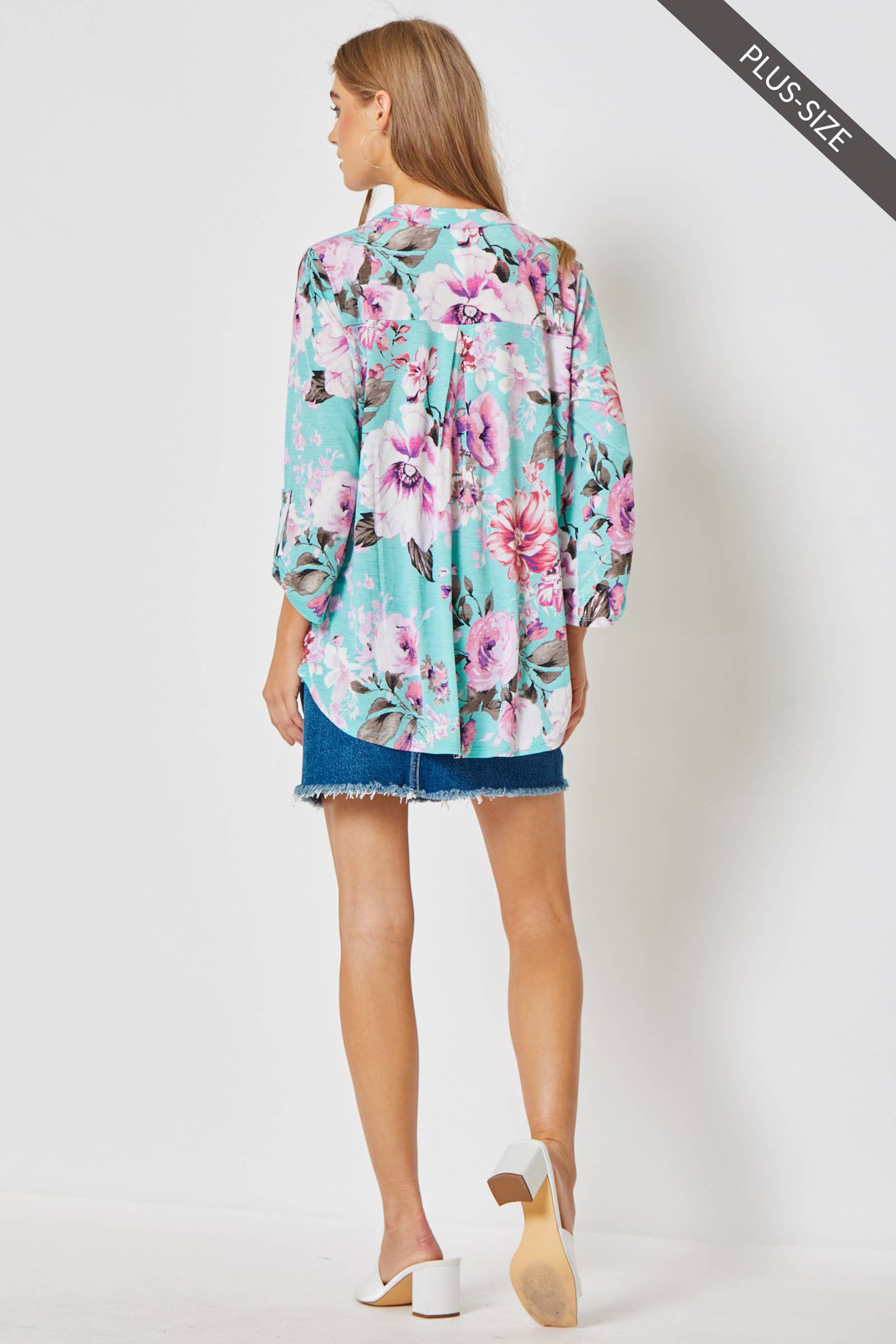 MENTHE Top sans rides LIZZY à manches 3/4 de grande taille en vente sur Faire2