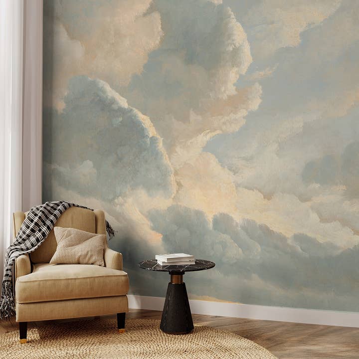Cloudy Sunset Sky Wall Mural,Vintage Blue Sunlight Wallpaper for wholesale by SimurgWallArts