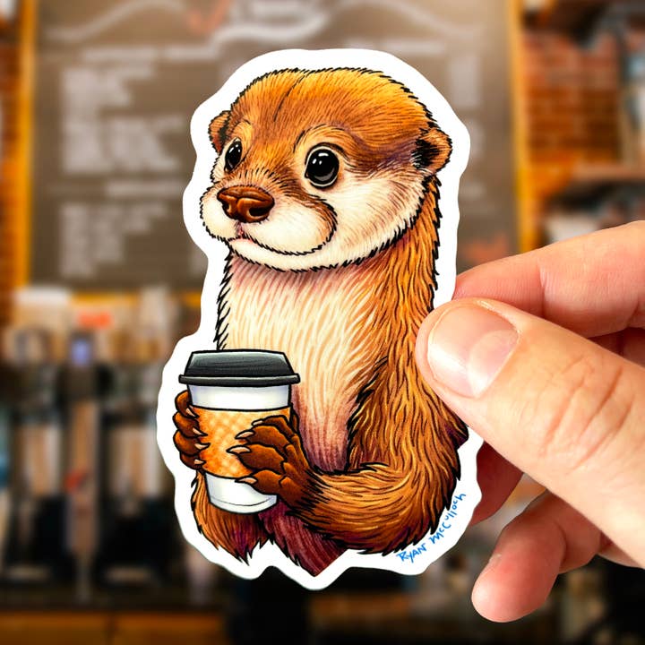 Ryan McCulloch Art - Wholesale Sticker - VINYL STICKER: Coffee Loving River Otter