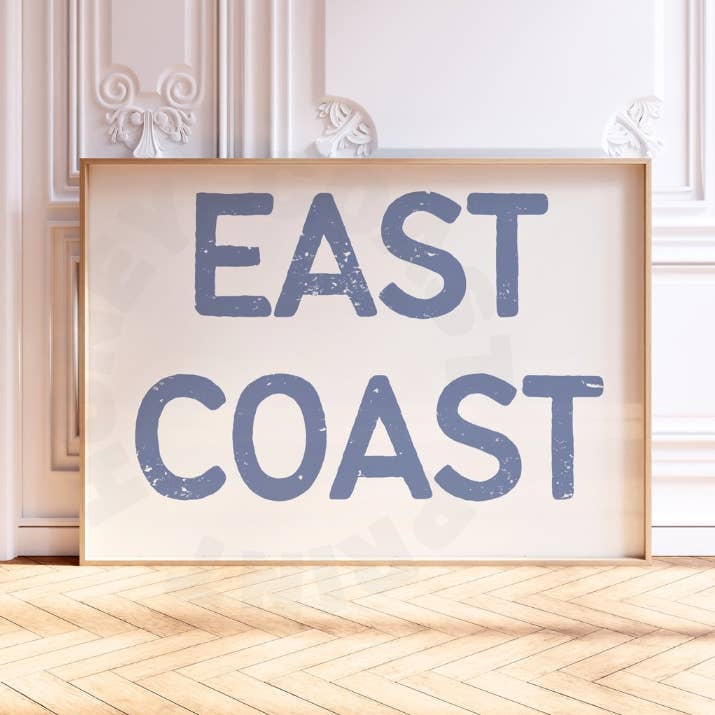 Landscape Coastal Blue East Coast Retro Typography Wall Art for wholesale by Honey Coast Print Co.