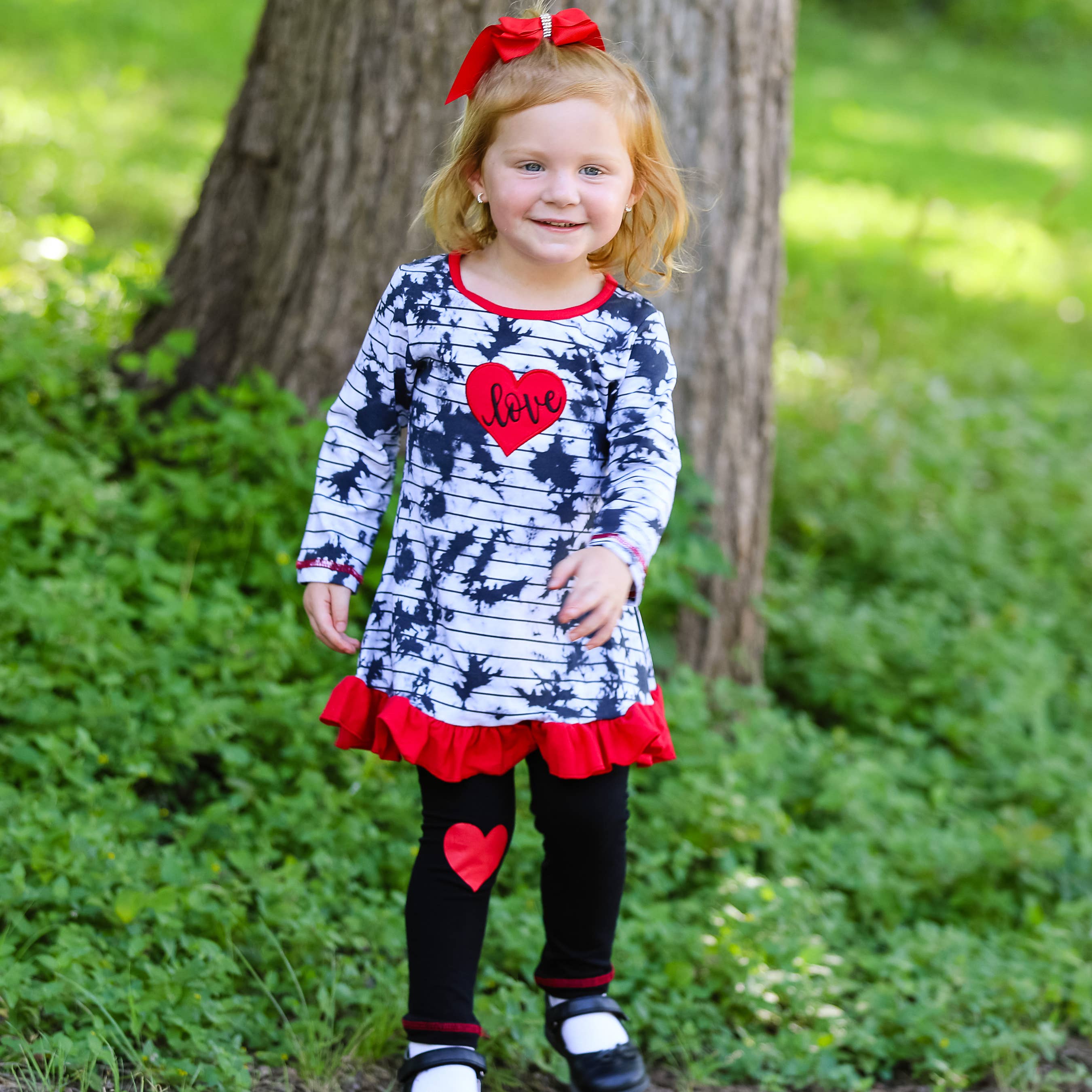 AnnLoren – wholesale Top & leggings set – Kids – Girls Red Heart Tie Dye Dress Leggings Valentine's Clothing5