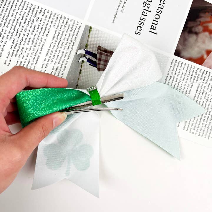 SoapElenGlen - Wholesale Hair Bow - Women's - Green Clover Bow Hair Tie St. Patrick's Day Hair Accessories