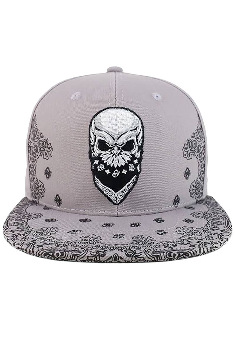 Cap Zone - Wholesale Flat Brim Cap - Men's - Rebel Biker Skull Paisley Bandana Print Snapback11