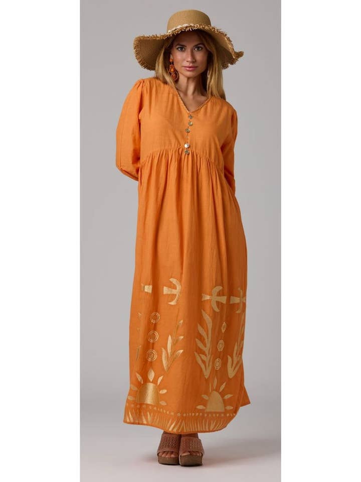 Robe longue taille haute avec tissu brodé or pour la vente par Javier Teruel García - InfinityWear