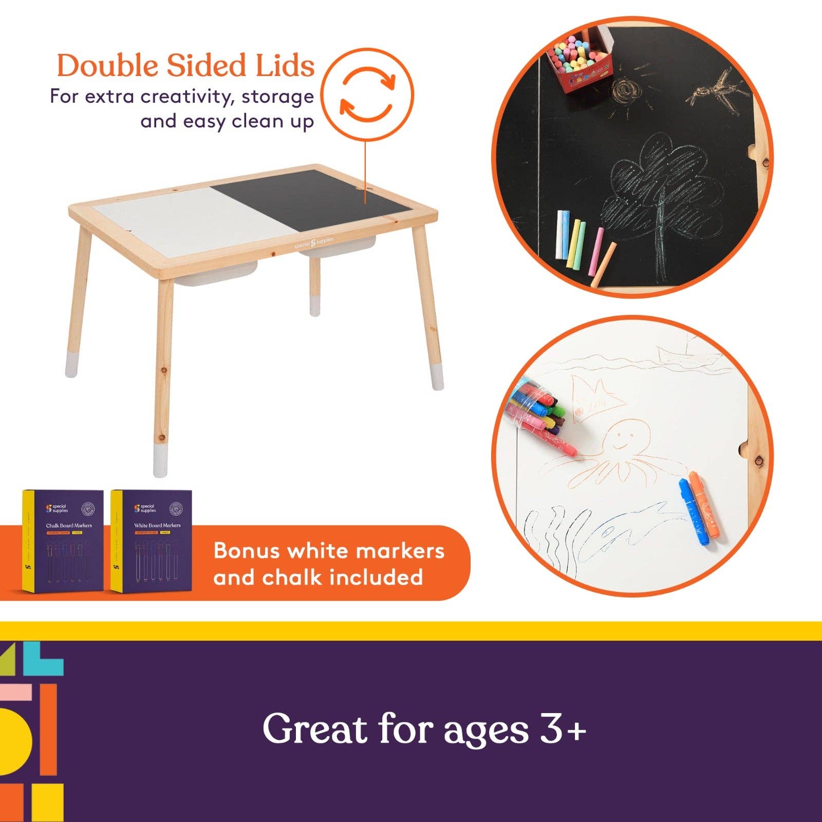 Special Supplies - Wholesale Toy Set - Kids - Kid’s Sensory Table Set with Deep Water and Sand Bins, Writable Lids, Chalk and Dry Erase Markers, and 2 Children’s Stools1