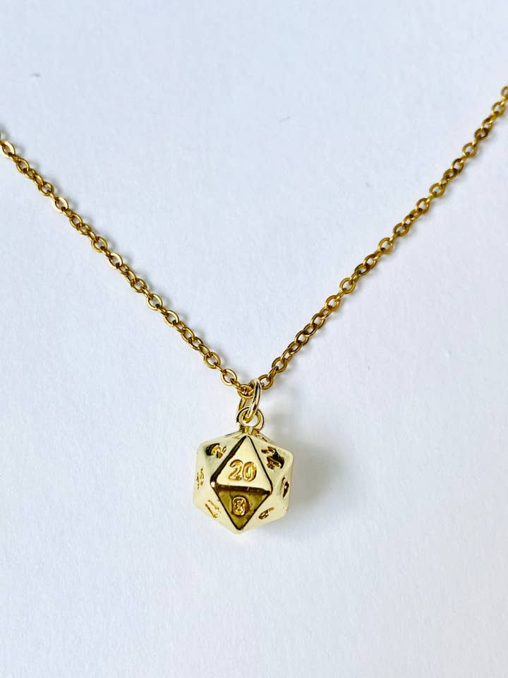 Gold D20 Dice Charm Necklace for wholesale by June Luna Jewelry