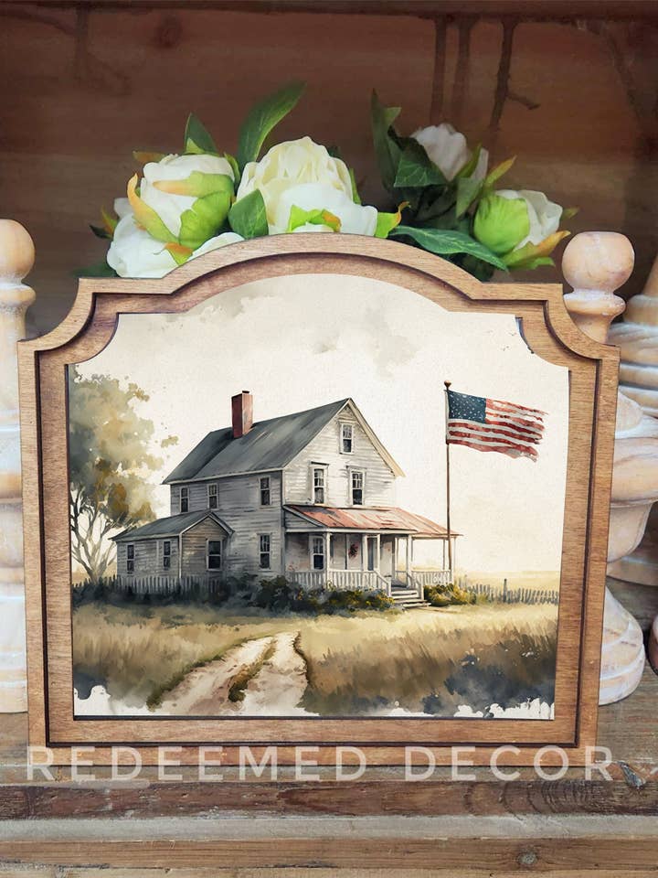 Arte emoldurada com bandeira de casa de campo provincial por atacado de Redeemed Decor