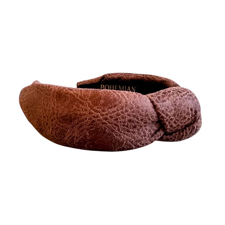 Brown Distressed Vegan Leather Knotted Headband for wholesale by BOHEMIAN GEMME