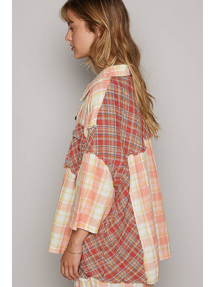CORAL MULTI Woven plaid print quarter sleeve button down shirt SALE for wholesale on Faire