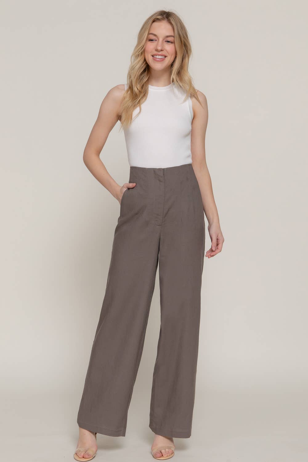 Active Basic | Active USA - Wholesale Pants - Women's - High Waist Pintuck Detail Straight Linen Pants7