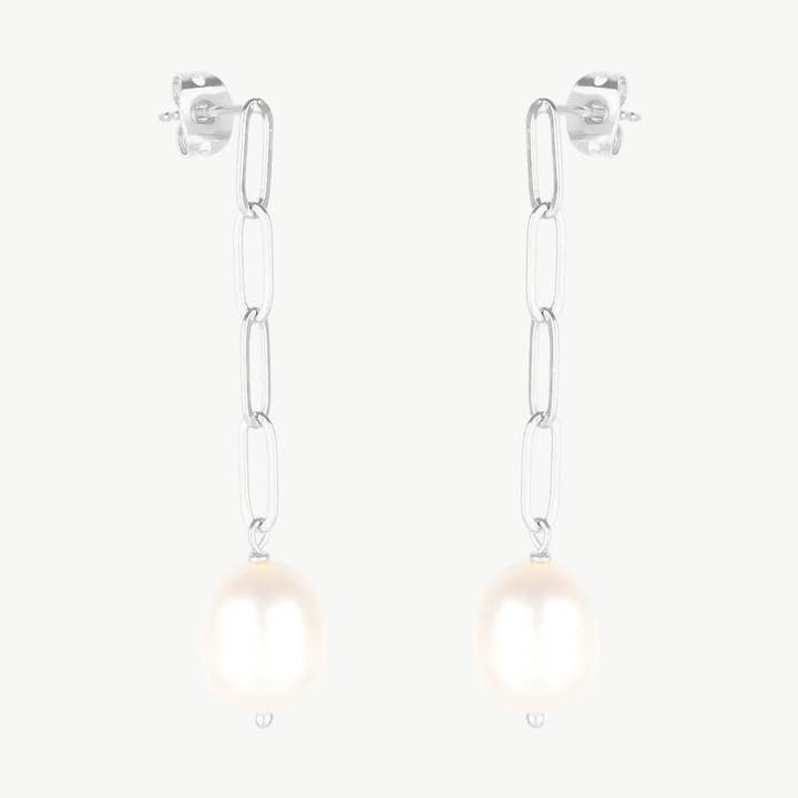 Elegant Silver Paperclip Chain Pearl Drop Earrings for wholesale by Mejoma
