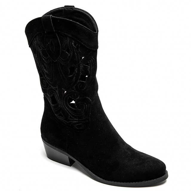 No Doubt Shoes - Wholesale Cowboy Boots - Women's - WOMENS CUT OUT DETAIL EMBROIDERED BLOCK HEEL COWBOY BOOTS