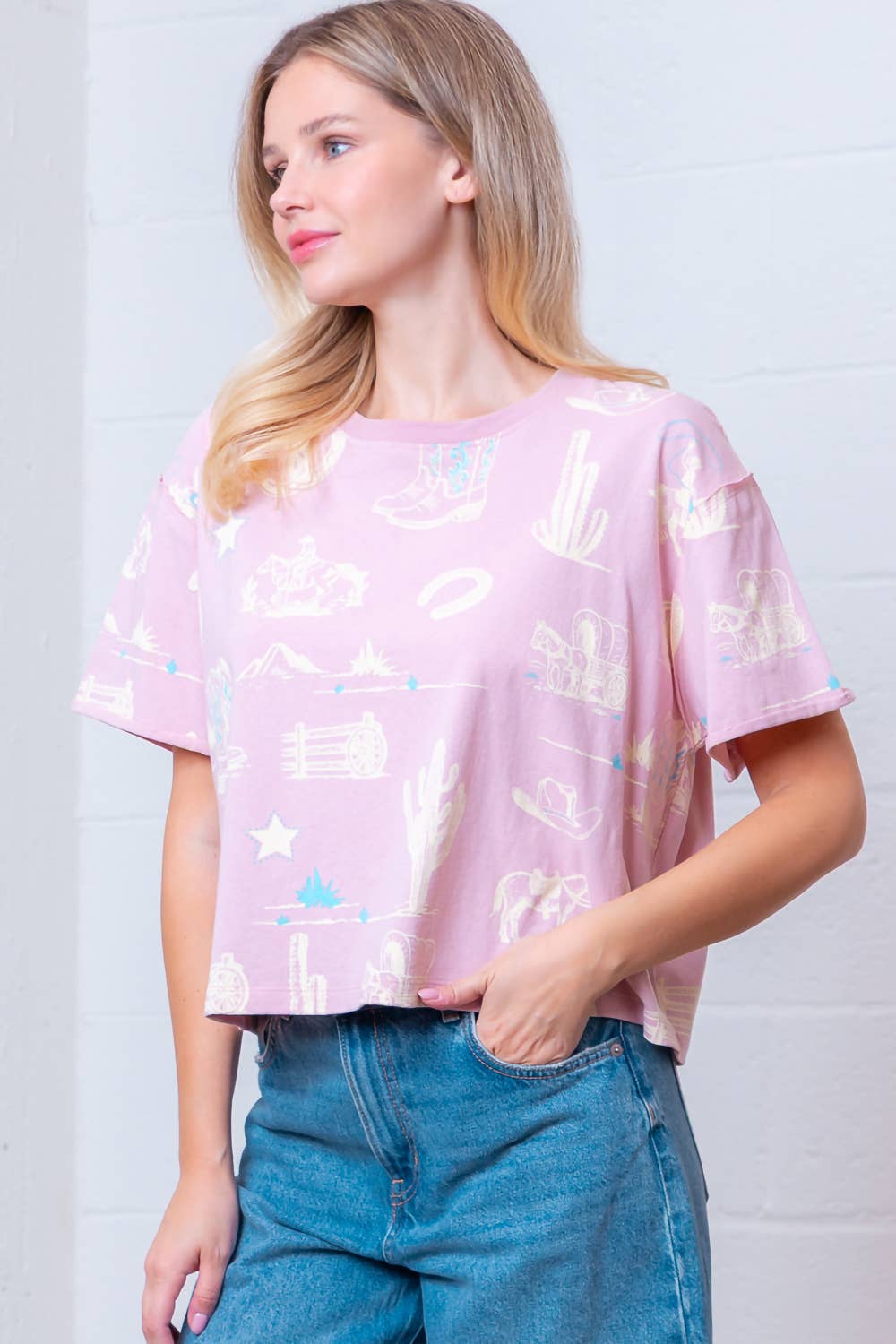 Taelynn - Wholesale T-Shirt - Women's - HT28781T-WESTERN PRINTED SHORT SLV ROUND NECK T-SHIRT8