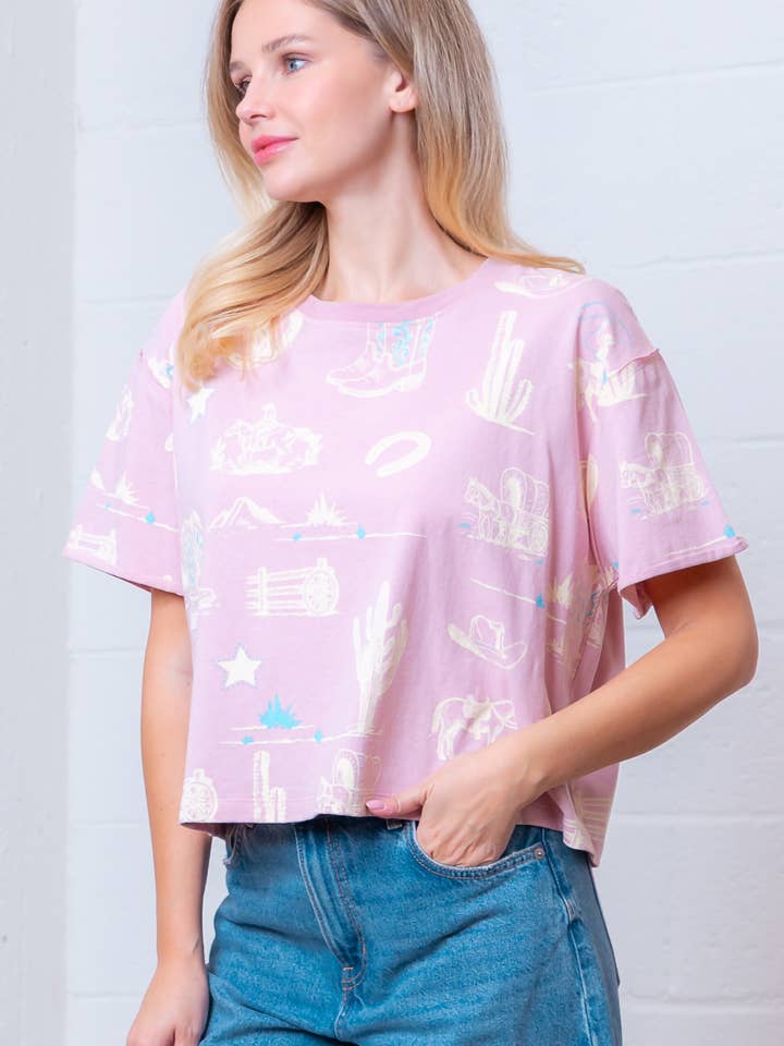 Taelynn - Vendita all'ingrosso Maglietta - Donna - HT28781T-MAGLIETTA A MANICHE CORTE CON STAMPA WESTERN E SCOLLO ROTONDO8