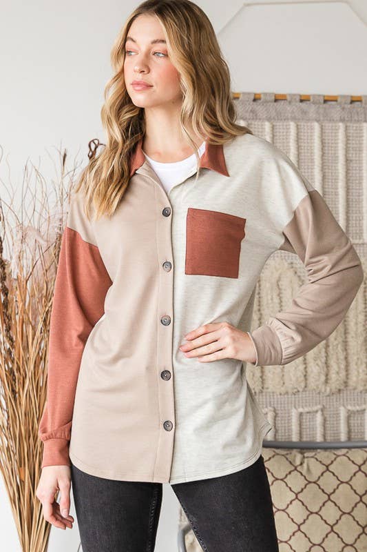 HEIMISH - Wholesale Shirt Jacket/Shacket - Women's - EJ6724-10 BASIC COLLAR SOLID COLOR BLOCK SHACKET1