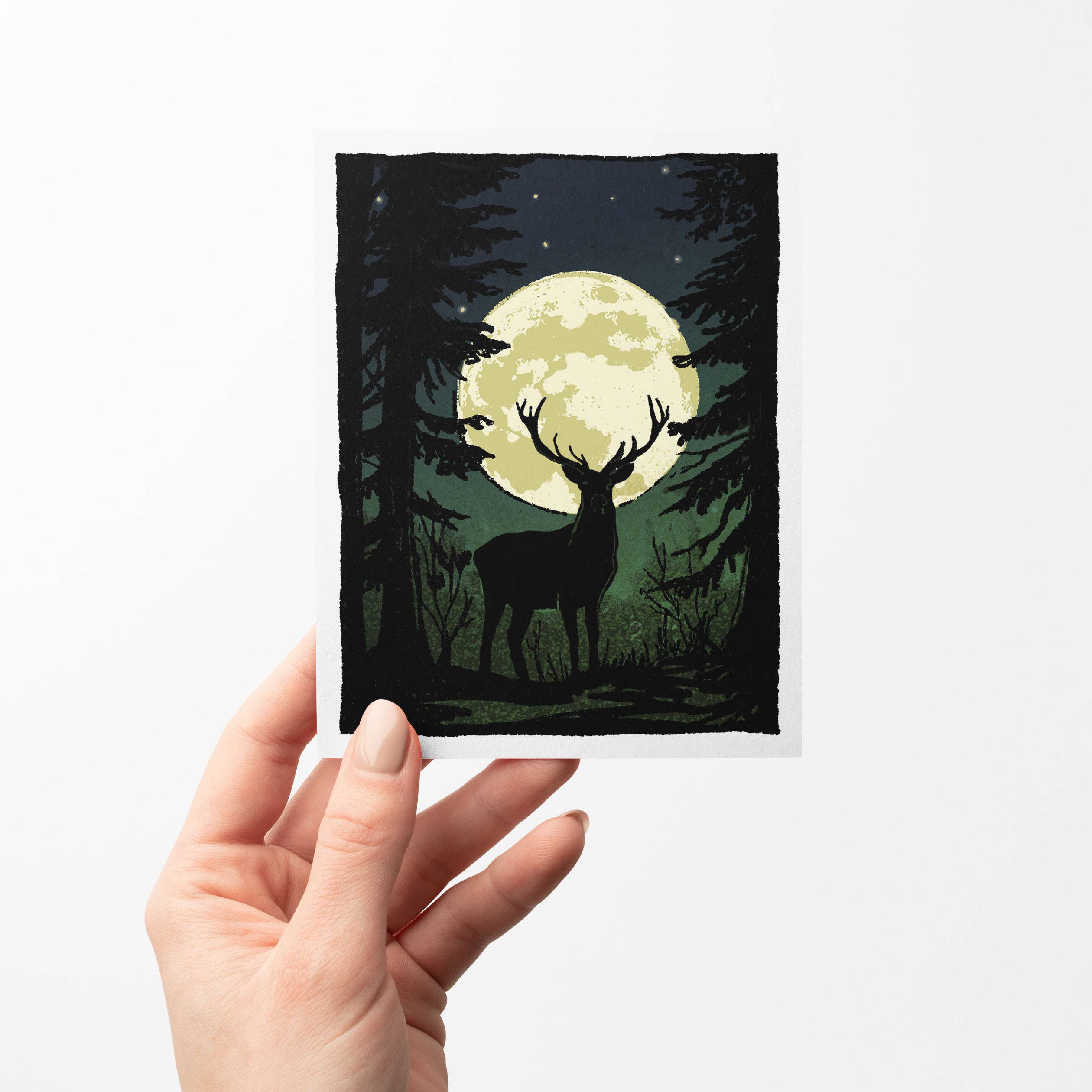 Brainmeats Atelier - Wholesale Season's Greetings Card - Watcher of the Wood – Moonlit Deer Notecard2
