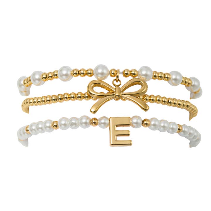 18K Gold Plated Set of 3 Pearl Bracelet with Bow & "E" for wholesale by Jane Marie