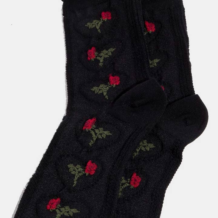 Black Heart Halo Flower Embroidered Socks for wholesale by Collections by Fame Accessories