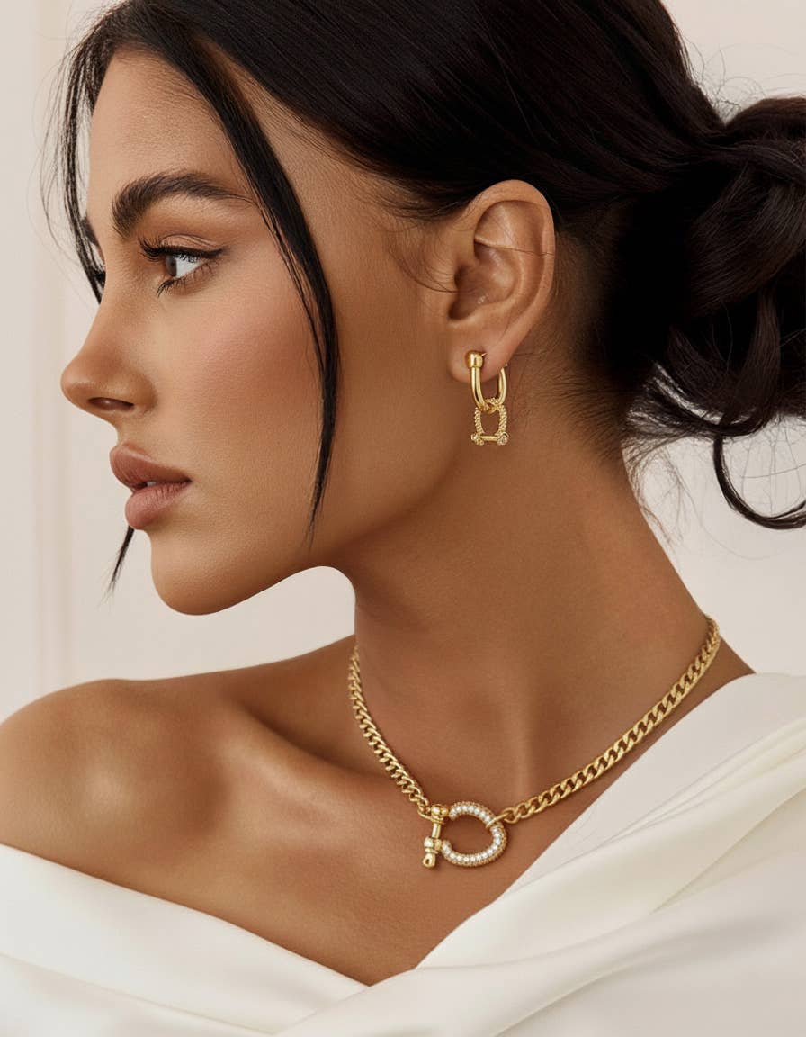 Sessori - Vente Colliers à pendentif - Collier Mousqueton Épais à Maillons Pavés CZ