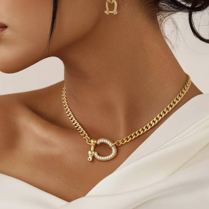 Sessori - Vente Colliers à pendentif - Collier Mousqueton Épais à Maillons Pavés CZ0